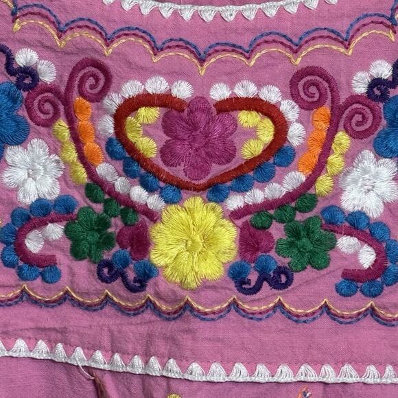 Mexican Dress Tunic Small Embroidered Pink Colorful Puff Sleeve Artsy Boho - Picture 5 of 7